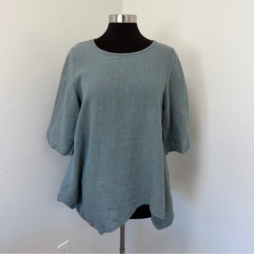 bryn Walker Linen Teal Grey Asymmetrical Tunic Size XS